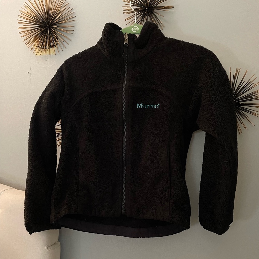 MARMOT Kids Black Sherpa Fuzzy Jacket Size M with Blue Lettering